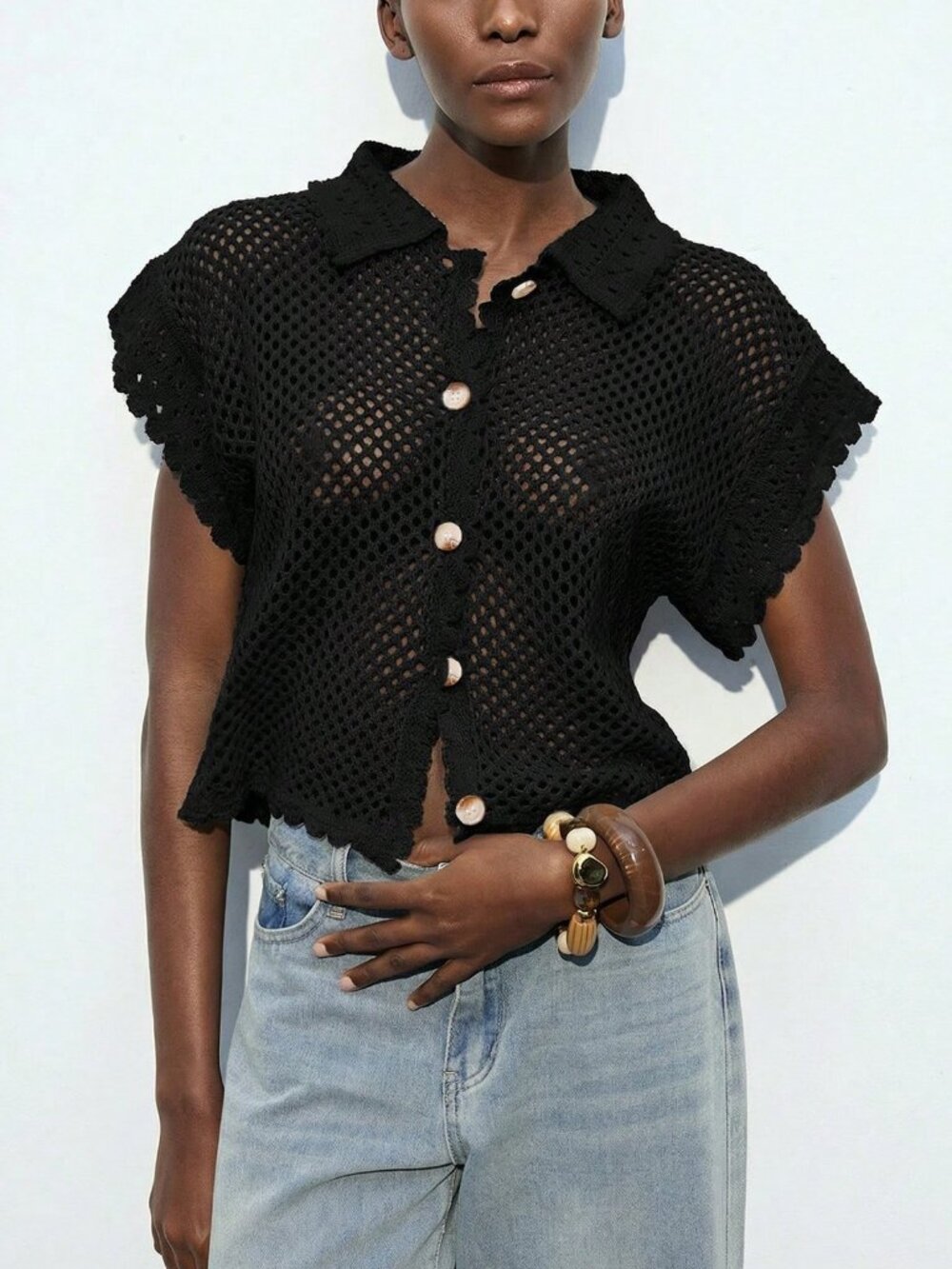 Black Casual Women's Vacation Hollow button down Out Knit Cardigan top